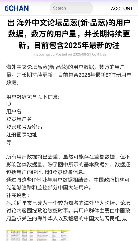 8月21号，一位用户将品葱网站数据在6chan上售卖，用户数据包含了id，用户名，登录用户名，登录账号及密码，注册登录地址，这些数据将被中共政府用来监视并抓捕活动人士8月21号，一位用户将品葱网站数据在6chan上售卖，用户数据包含了id，用户名，登录用户名，登录账号及密码，注册登录地址，这些数据将被中共政府用来监视并抓捕活动人士