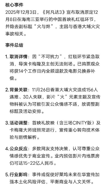 《 阿凡达 3火与烬》12月19日中国内地与北美同步上映此前原定于12月8日在海南三亚举行的首映礼红毯环节，因不可抗力取消