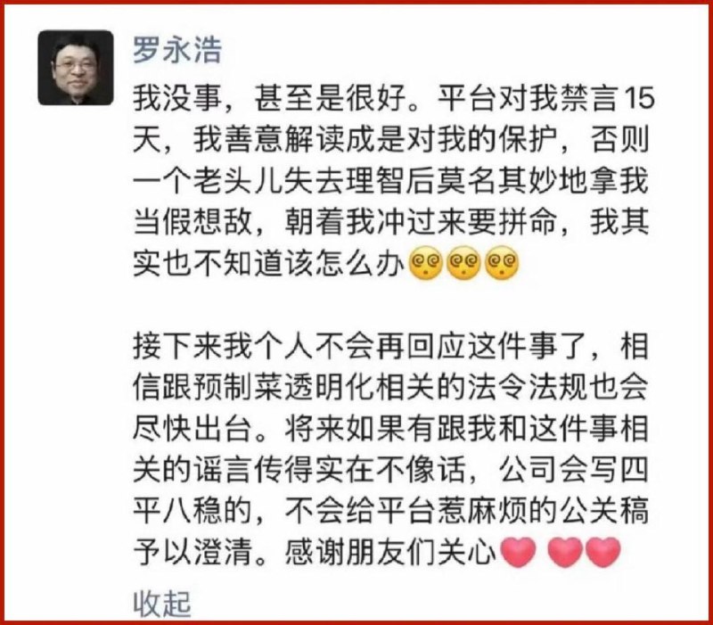 罗永浩发朋友圈说，平台对他禁言15天是在保护他