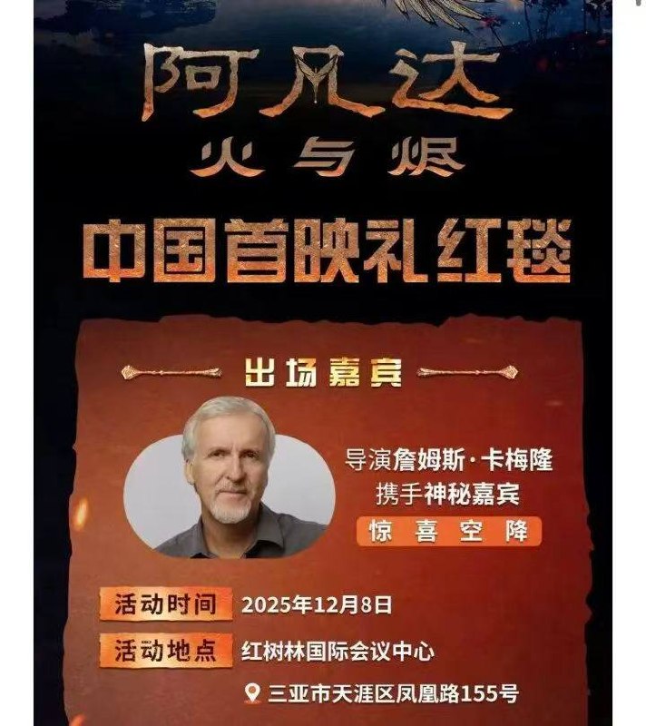 《 阿凡达 3火与烬》12月19日中国内地与北美同步上映此前原定于12月8日在海南三亚举行的首映礼红毯环节，因不可抗力取消