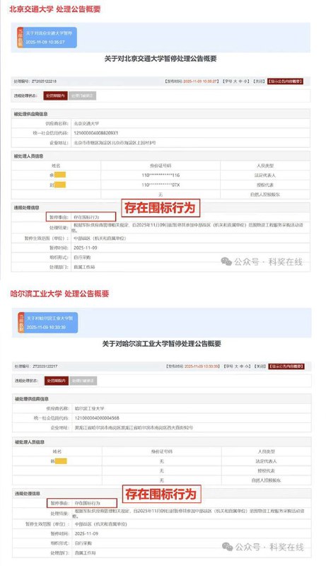 军队采购网近日发布公告，4所与军工业密切相关的知名大学，以及中科院一间研究所，因涉及围标，被暂停中部战区投标资格