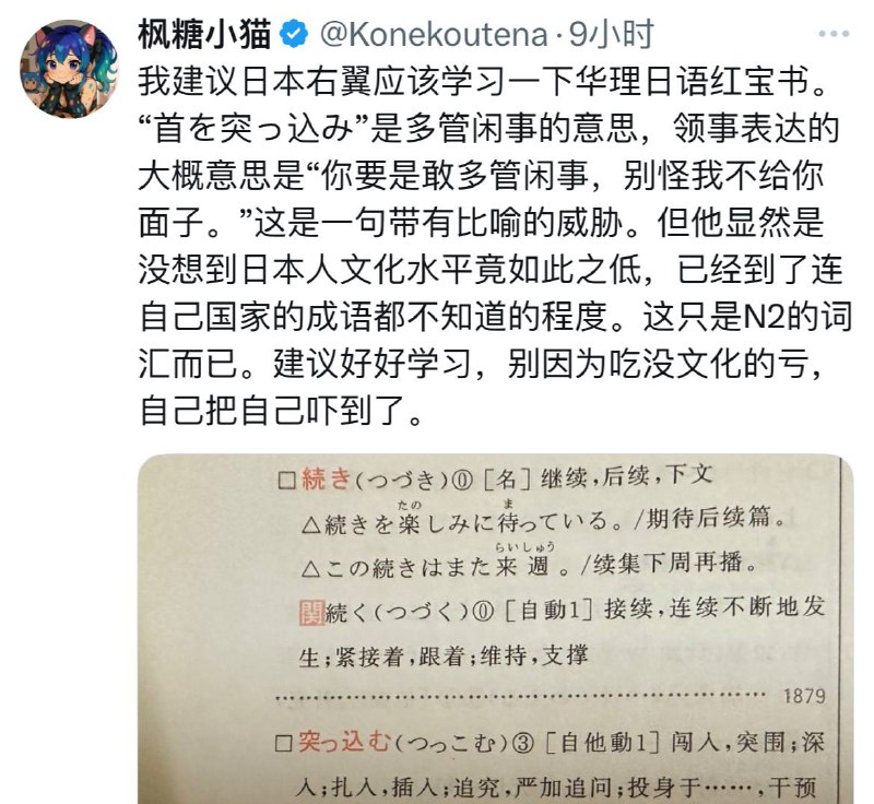 滞日粉红枫糖小猫力挺战螂薛贱，砍你头是修辞手法，引发公愤是日本人反华排外