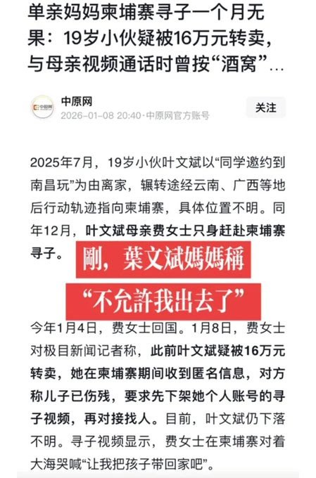 叶文斌母亲赴柬埔寨寻子，签证到期后回国，想再次去柬埔寨时被告知限制出境