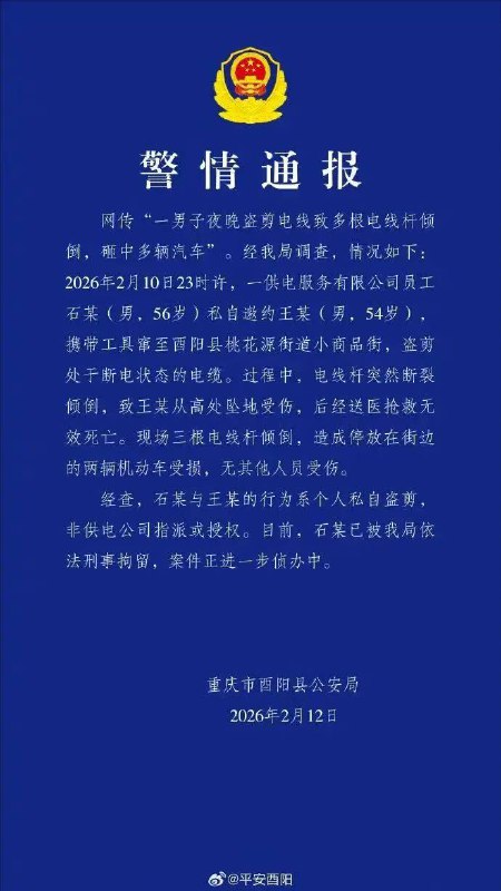 2人盗剪电缆，1人高坠死亡