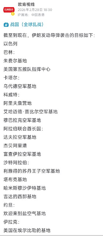 伊朗向除阿曼外的所有海湾国家都发射了弹道导弹