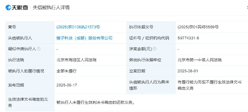 9月17日，罗永浩与西贝预制菜风波后，罗永浩持股的公司锤子科技(成都)股份有限公司新增2条失信被执行人信息（老赖）