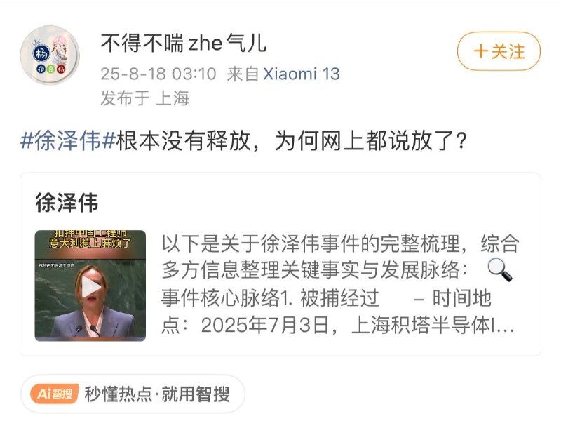 8月17日，在徐泽伟妻子的账号被全网删帖封禁后，国内媒体和大V开始集体宣称徐泽伟已经被米兰警方释放