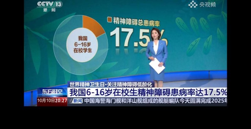 10月10日，据央视报道，中国6-16岁在校生精神病障碍患病率达17.5%