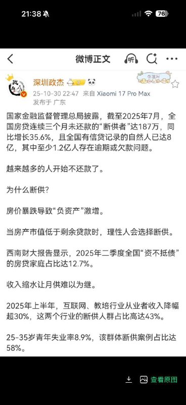 10月30日，一名房产博主援引国家金融监督管理总局数据称，截至2025年7月，全国连续三个月未偿还房贷的“断供者”已达187万人，同比激增35.6%