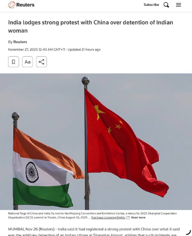 这起事件中，一名持印度护照、从伦敦飞日本的女子在上海转机时，被边检以出生地「Arunachal Pradesh」为由认定护照无效，遭扣留 18 小时、没收护照、错过航班，并受到带有政治意味的质问与嘲讽