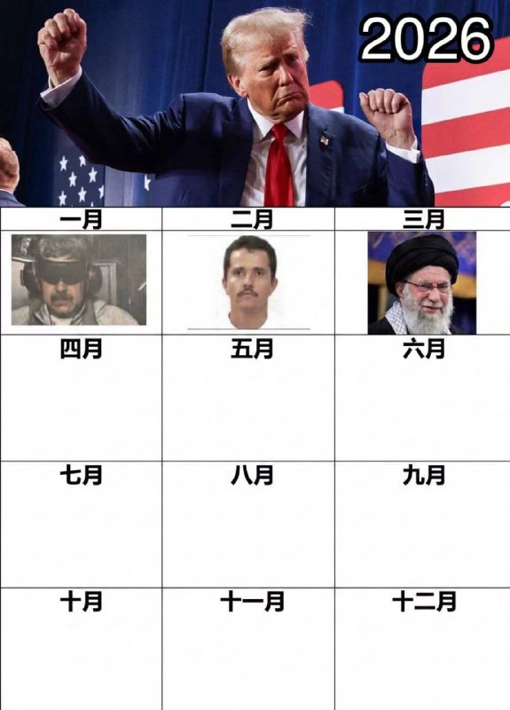 特朗普的2026日程表一月 🇻🇪马杜罗💥二月 🇲🇽门乔💥三月 🇮🇷哈梅内伊💥四月  ❓五月  ❓六月  ❓