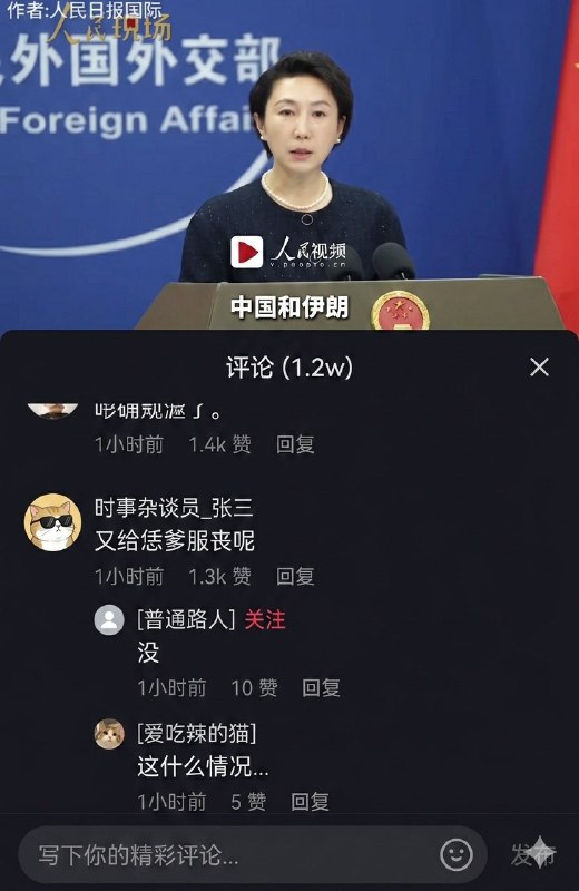 如丧考妣，再给她加一个伊斯兰头纱吧，未亡人的丧服都穿上了，这是要拍未亡人系列吗？六四时期中国播音员给大学生服丧，现在外交部开始给习近平干爹哈梅内伊吊孝了