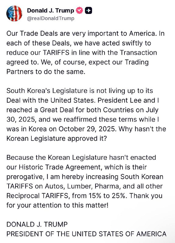 川普将韩国关税从15%提高到25%，理由只有一个