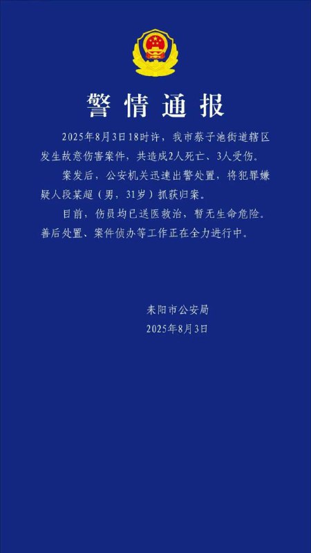 湖南 耒阳 发生一起故意伤害案，致2死3伤，嫌犯被抓获警方通报刀仔捅人报复社会湖南 耒阳 发生一起故意伤害案，致2死3伤，嫌犯被抓获警方通报刀仔捅人报复社会