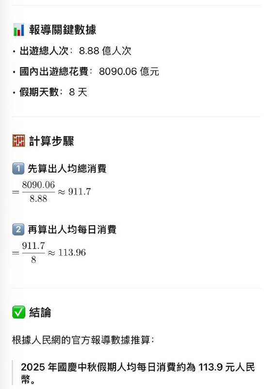2025年國慶假期人均每日消費 113.9 元 約新台幣每日消費512塊看來老百姓真沒錢了2025年國慶假期人均每日消費 113.9 元 約新台幣每日消費512塊看來老百姓真沒錢了