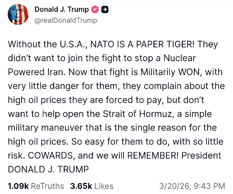 #特朗普 发文没有美国，北约就是纸老虎！他们不愿加入阻止伊朗核计划的战斗