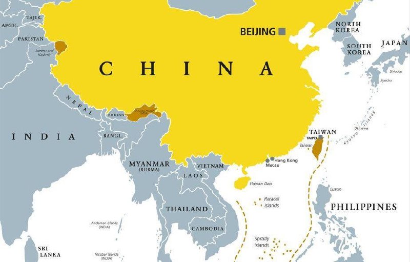 中国大陆及中国政府控制的领土以黄色显示，而北京声称但未控制的领土，包括台湾，则以棕色表示