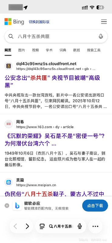 国内版必应搜“八月十五杀共匪”