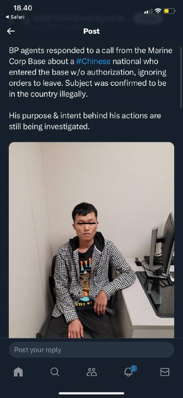 #中国🇨🇳偷渡者被发现在🇺🇸加州军事基地一名中国🇨🇳国民在🇺🇸加利福尼亚州的海军陆战队基地被捕引发了许多问题