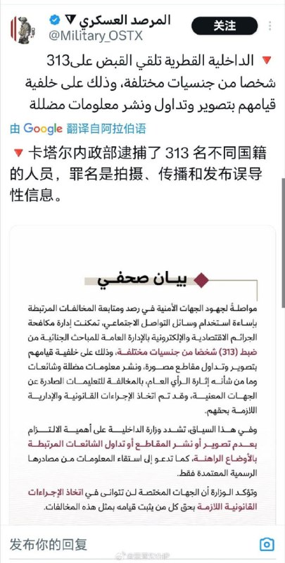 卡塔尔逮捕313名不同国籍人士，原因