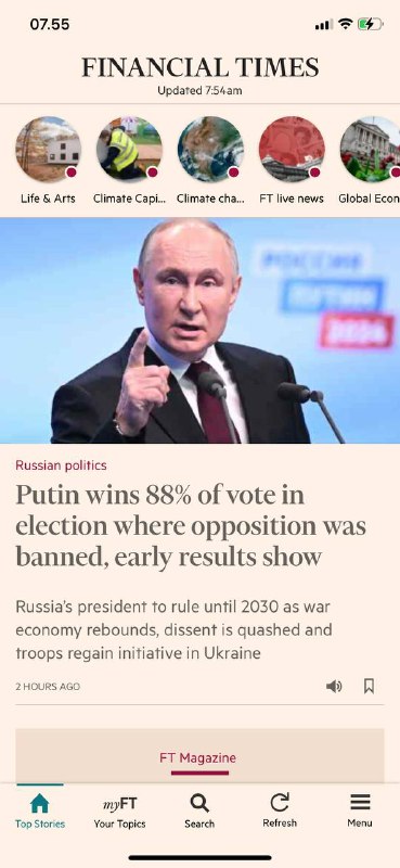 #普京创纪录的88%的选票和超过70%的投票率再次当选. 竞争对手被禁其他被杀普京继续独裁到2030年 要是他还没死 还能继续2036年FT 头条