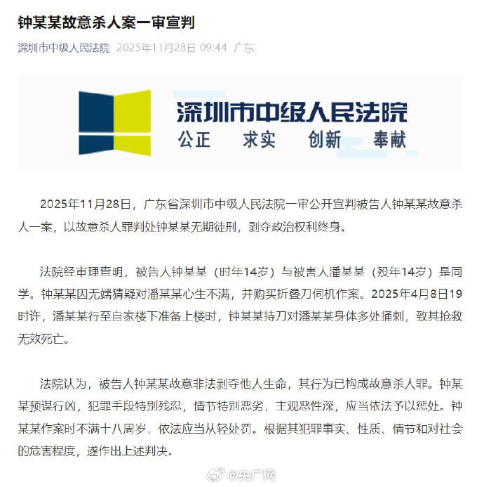 深圳市中级人民法院判一未成年杀人犯无期