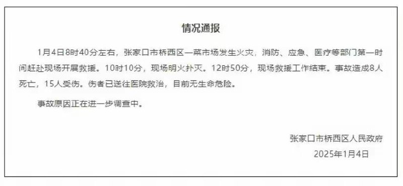 1.4 河北 张家口 桥西 区力广 菜市场 发生火灾，目前明火已扑灭，截至13时56分 #火灾 已造成8人死亡15人受伤