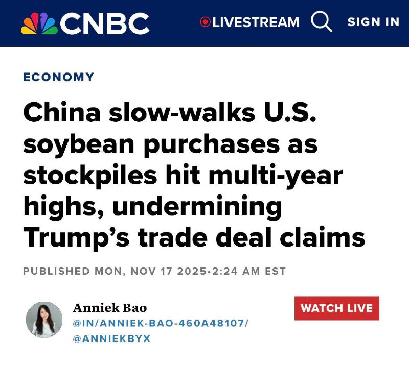 CNBC，中共故意放慢大豆采购速度，逼迫川普做更多退让