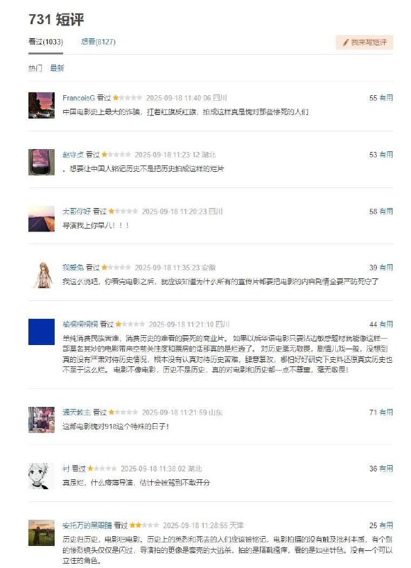 今天上映的《731》的第一批观众的观后感，怎么感觉有点翻车了呢，都在说导演是支黑，扛着红旗反红旗云云😁😁今天上映的《731》的第一批观众的观后感，怎么感觉有点翻车了呢，都在说导演是支黑，扛着红旗反红旗云云😁😁