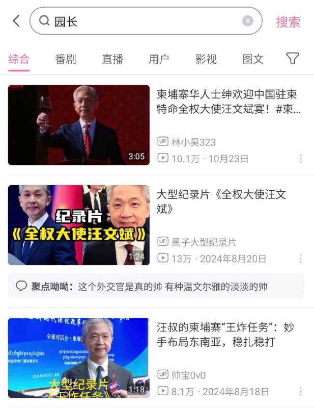 目前在B站搜索“园长”，搜索结果全部与汪文斌有关，网友讽刺其为诈骗园园长，“有颗20岁少年的心”太子集团