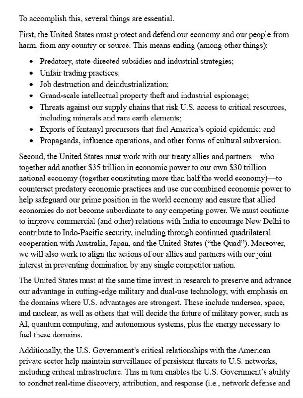 白宫的2025国家安全战略，差不多一半都是针对中国的，第一次把中国贸易形容为“掠夺性的、国家主导的补贴和产业战略”