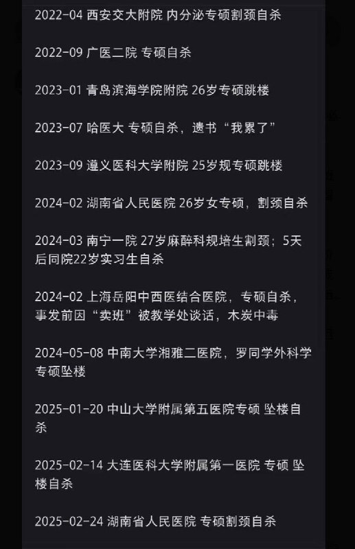 继湘雅学生事件后，3月17日，有网友总结了近几年专硕临床医学生因压力而自杀或者坠楼的案例