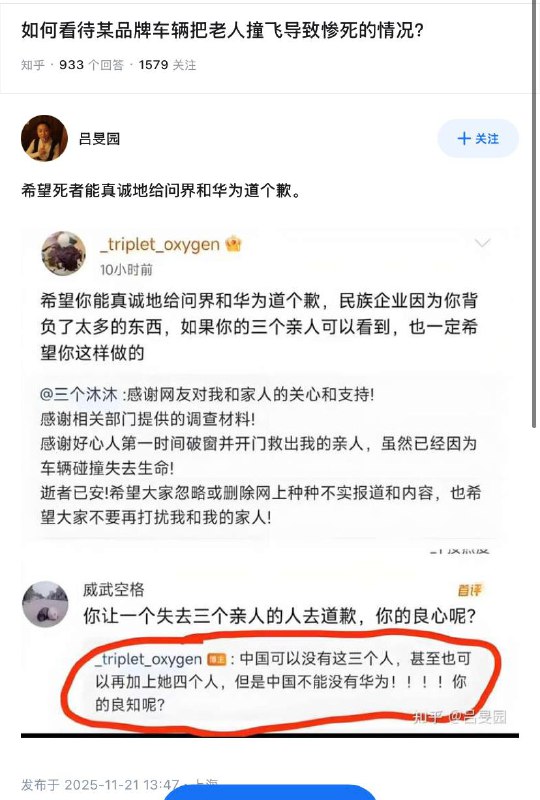 2025年11月19日上午，华为问界M7智驾把老人撞飞导致惨死事件，及评论区的奇葩言论
