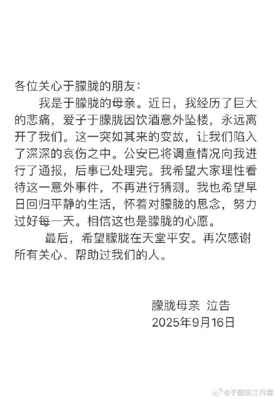 于朦胧 母亲 公布 儿子 死亡原因
