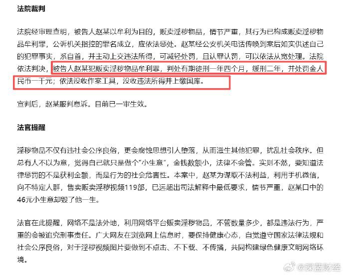 出售119部淫秽视频获利46元，被判刑并处罚金1000元