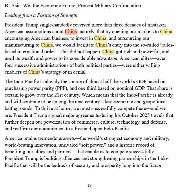 白宫的2025国家安全战略，差不多一半都是针对中国的，第一次把中国贸易形容为“掠夺性的、国家主导的补贴和产业战略”